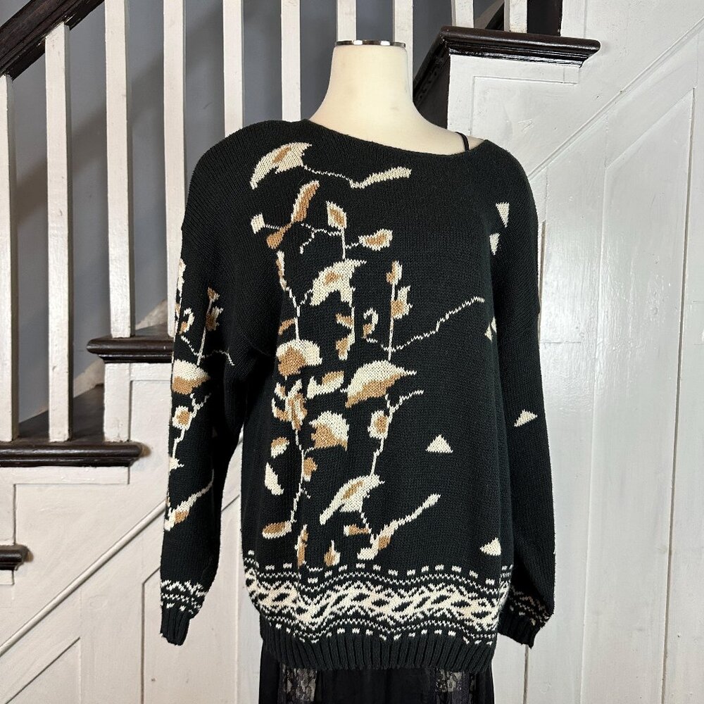 Vintage 80s Black Floral Knit Sweater